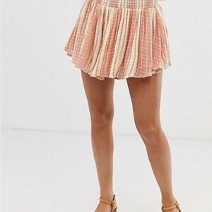 Free People She Will Be Loved Cream and Pink Striped Ruffle Shorts